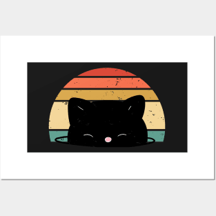 Retro sunset Cute Black Cat face Posters and Art